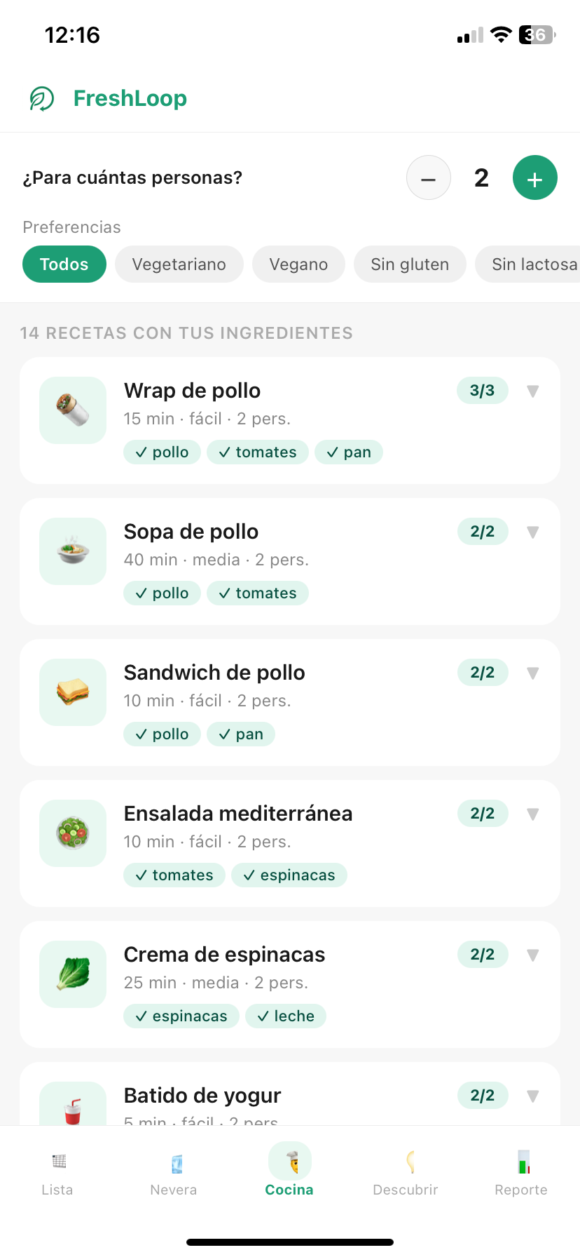 Pantalla de recetas de FreshLoop — sugerencias personalizadas con tus ingredientes